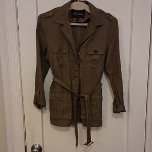 Love 21 Green Tan Light Linen Safary Utility Jacket with Belt M